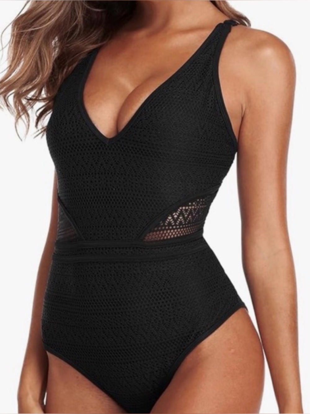 Charmo Women’s Black One Piece Swimsuit with Crochet Detailing Sz XL